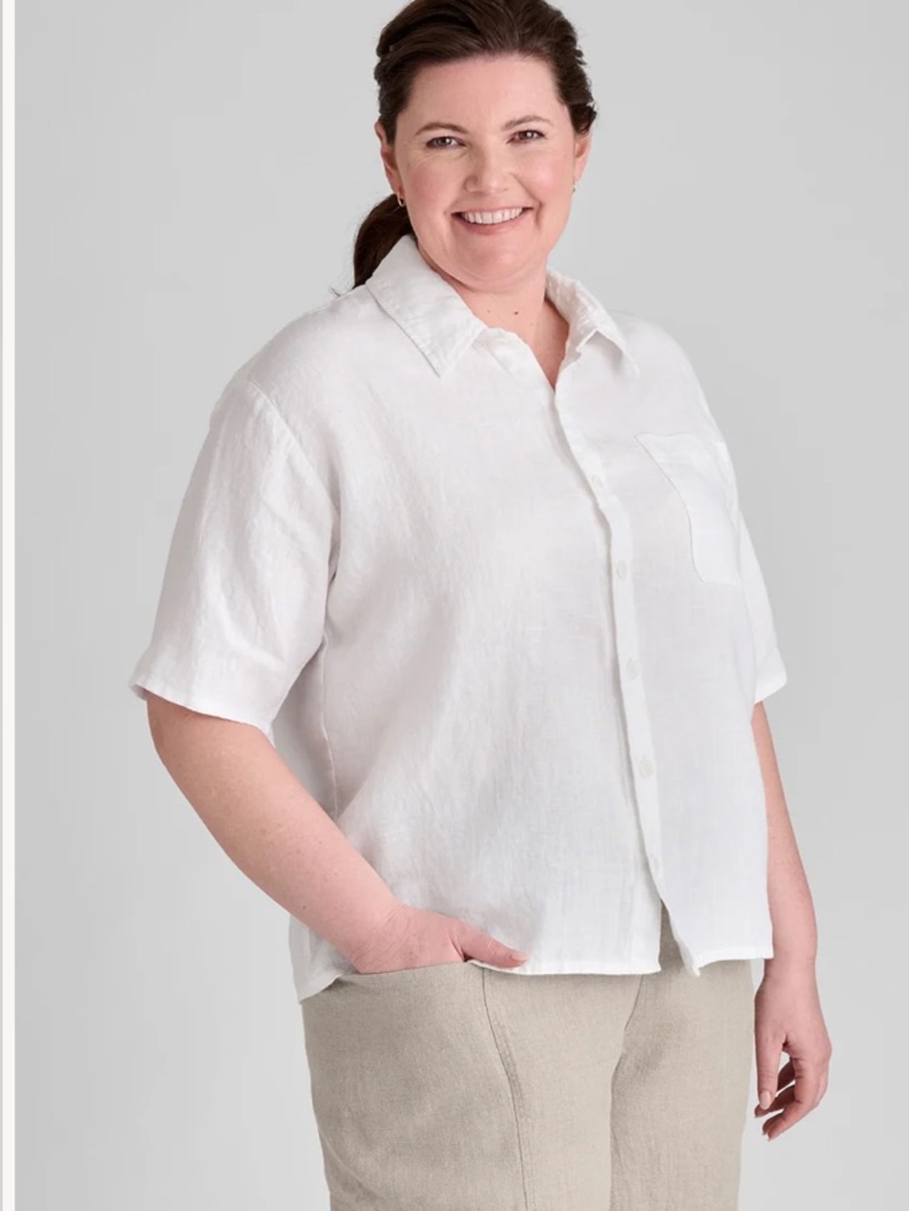 FLAX Linen Cherished Button Front Top Blouse Shirt Size 3G Plus 3XL White Luxe